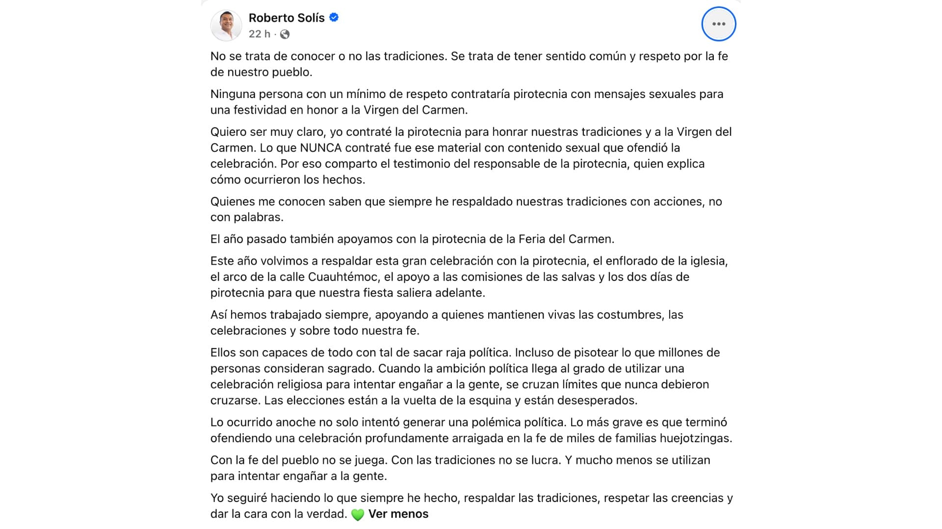 Mensaje de Alcalde de Huejotzingo, Roberto Solís.