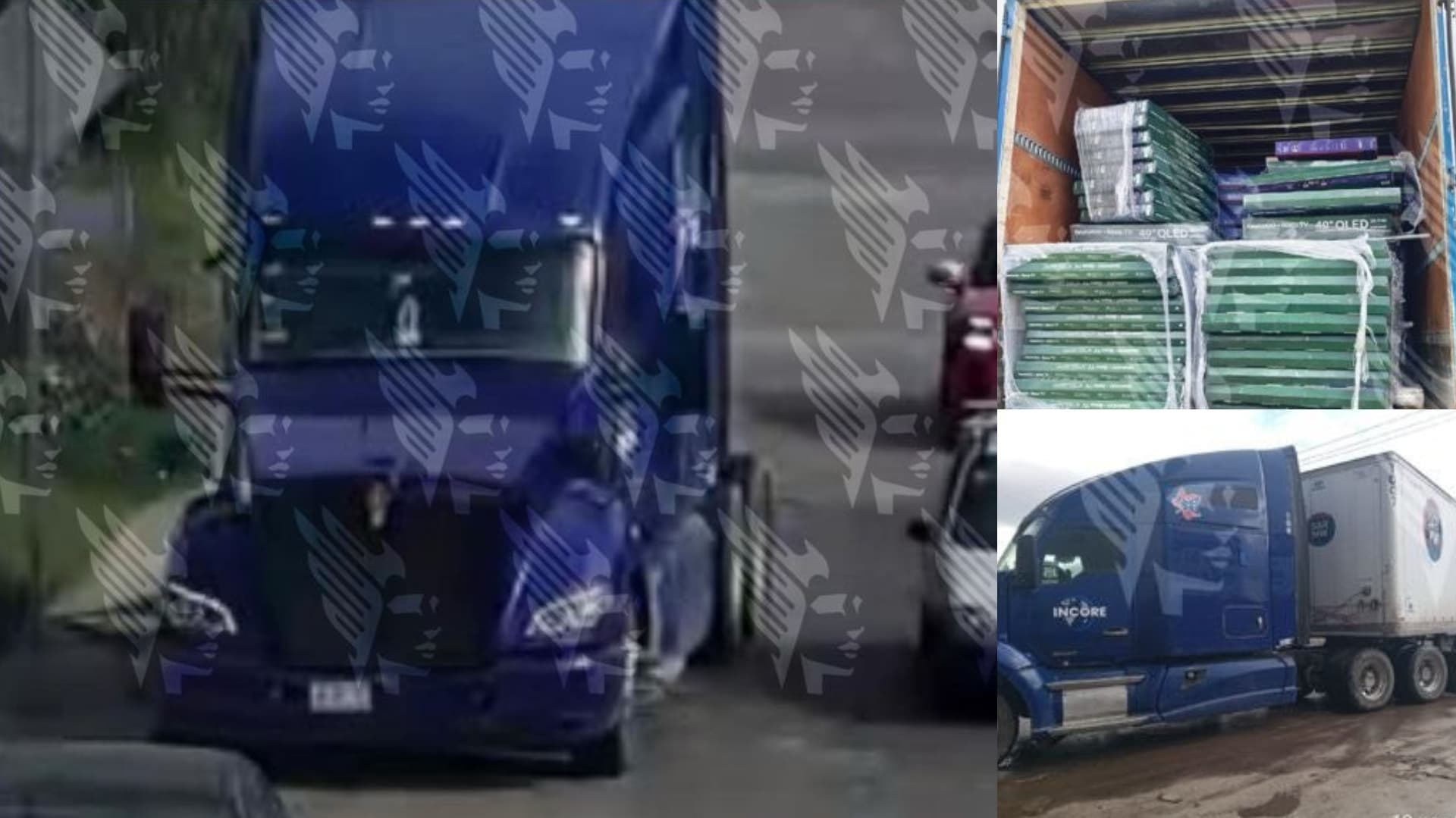 Aseguran tráiler robado con pantallas de televisión en Puebla.