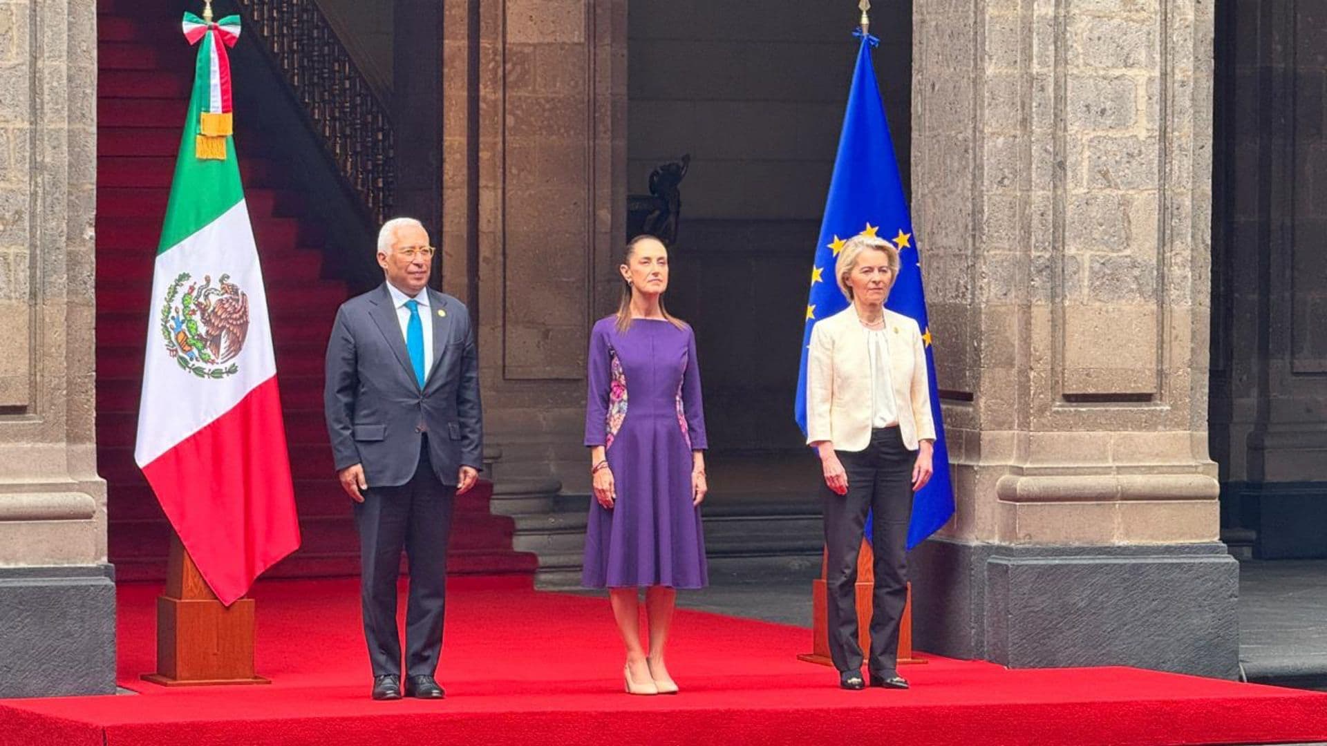 António Costa, Claudia Sheinbaum y Ursula von der Leyen, en Palacio Nacional