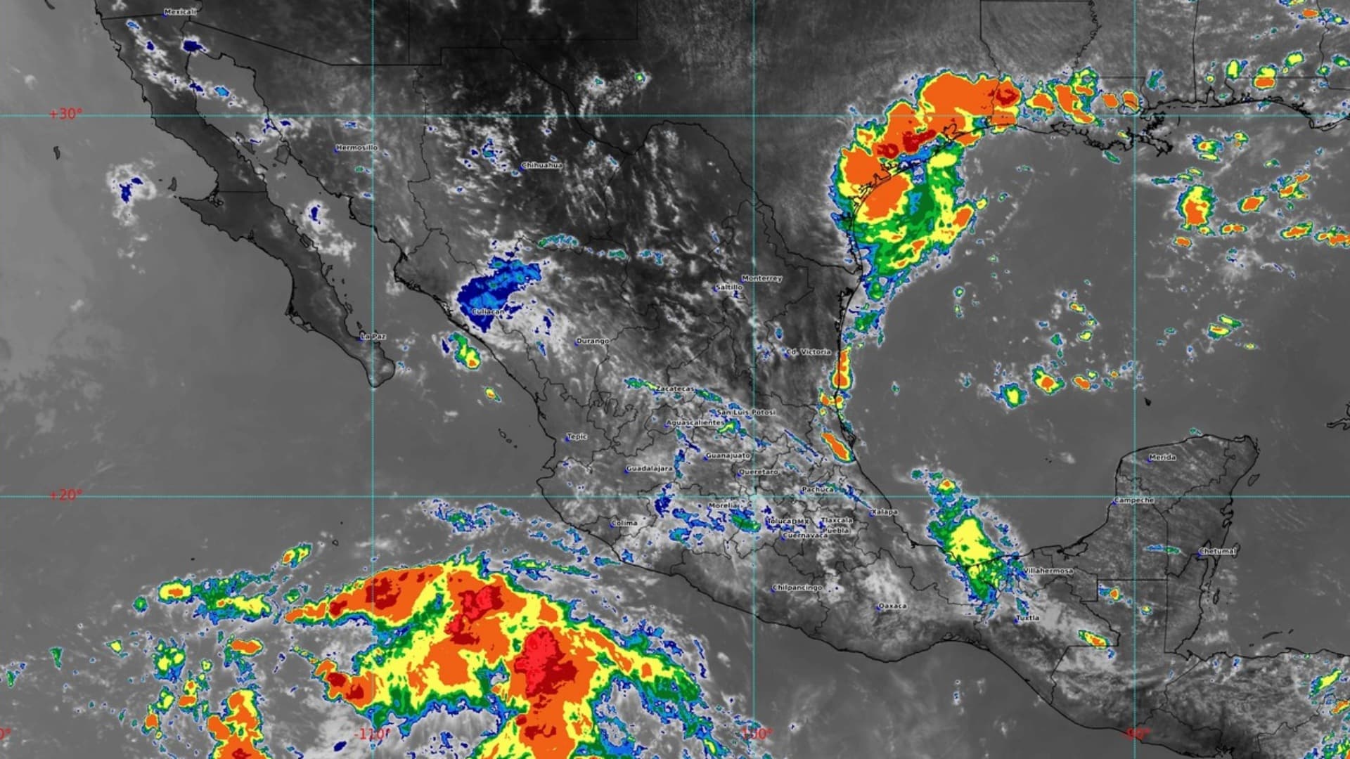Imagen de satélite que muestra fenómenos meteorológicos en la República Mexicana. SMN
