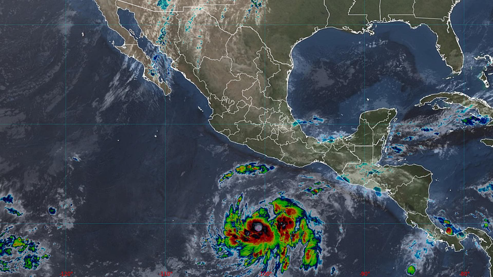Imagen de satélite que muestra a la tormenta Vance frente a la República Mexicana. SMN