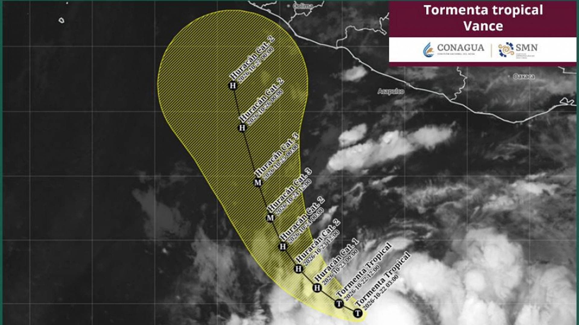 Posible trayectoria muestra qué tanto se acercará Vance a México. Imagen de satélite del SMN