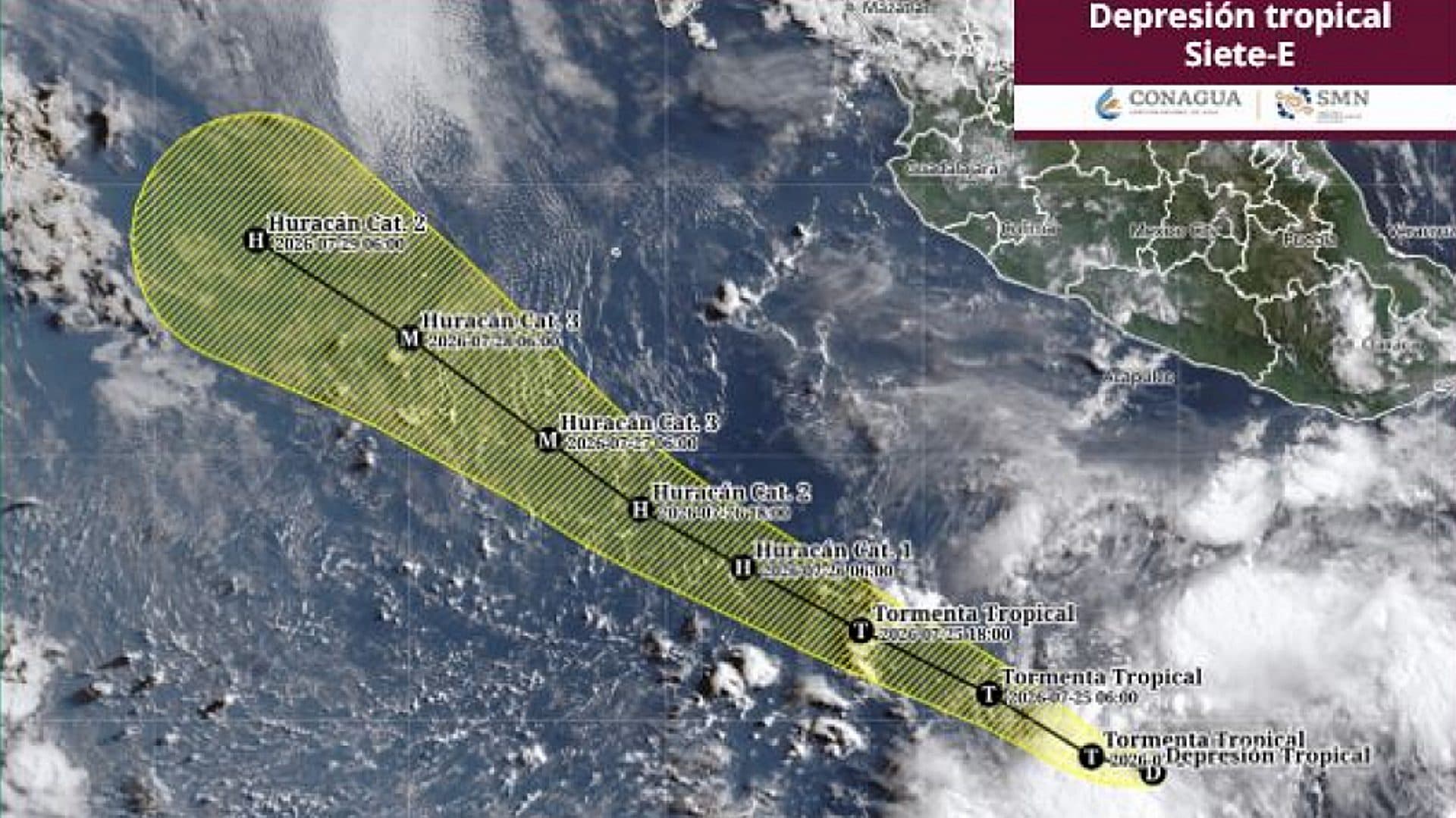 Posible trayectoria de la depresión tropical Siete-E. Imagen de satélite SMN