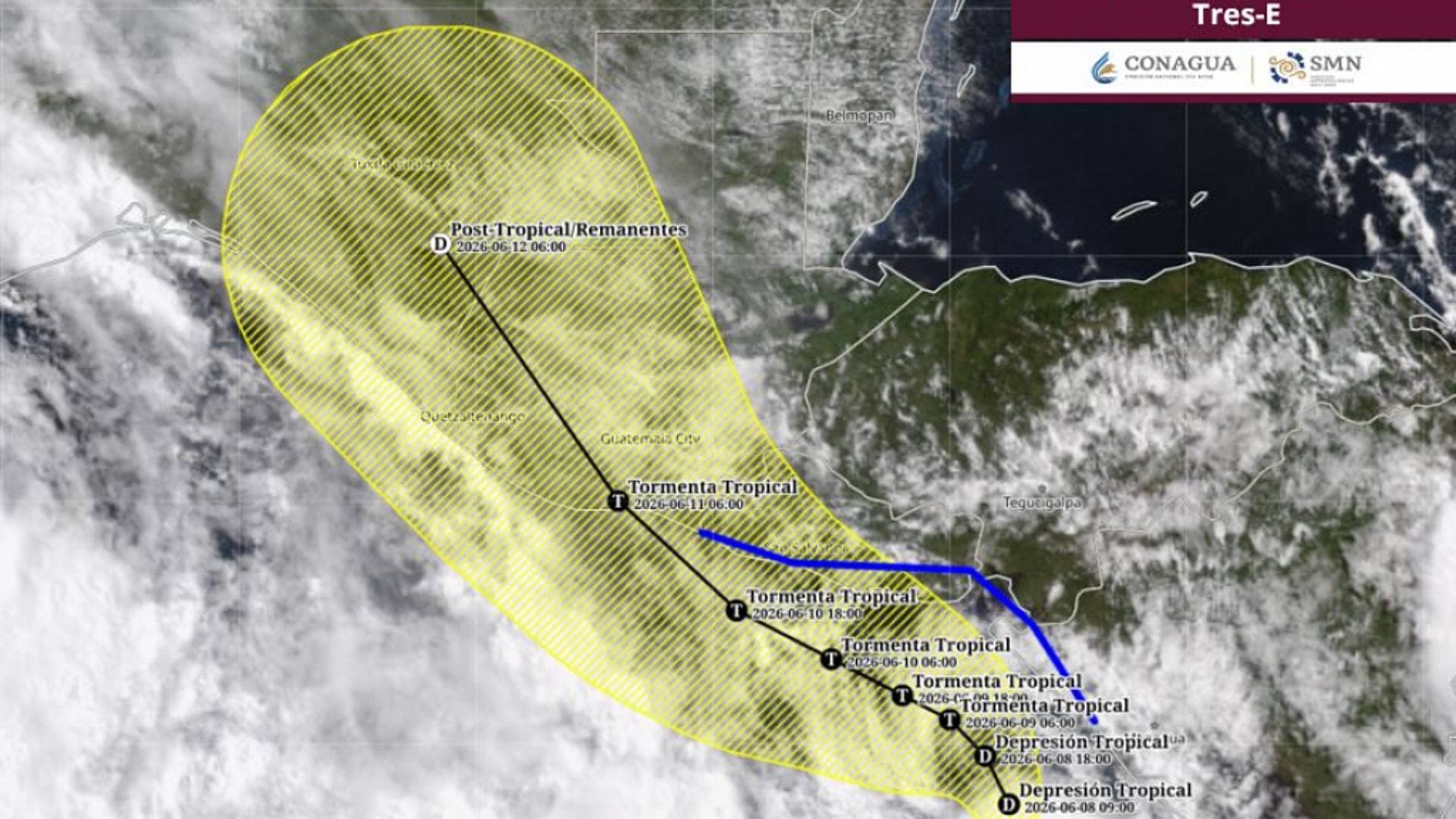 Trayectoria prevista de la depresión tropical Tres-E. Imagen de satélite del SMN