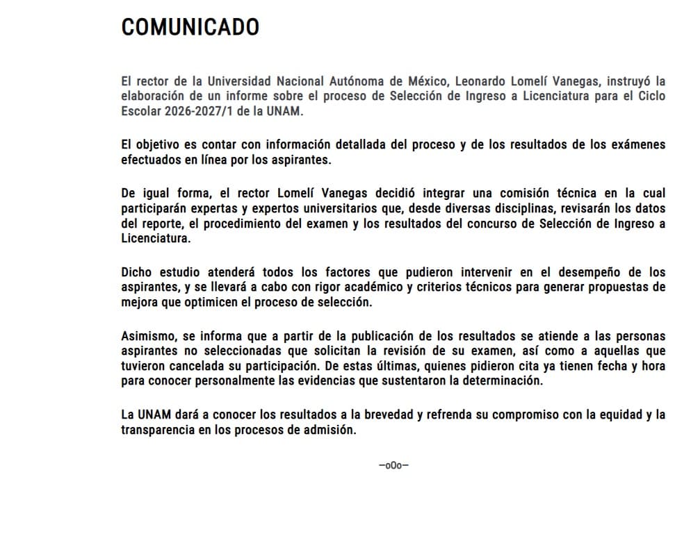 Comunicado de la UNAM de 21 de julio de 2026. Foto: UNAM