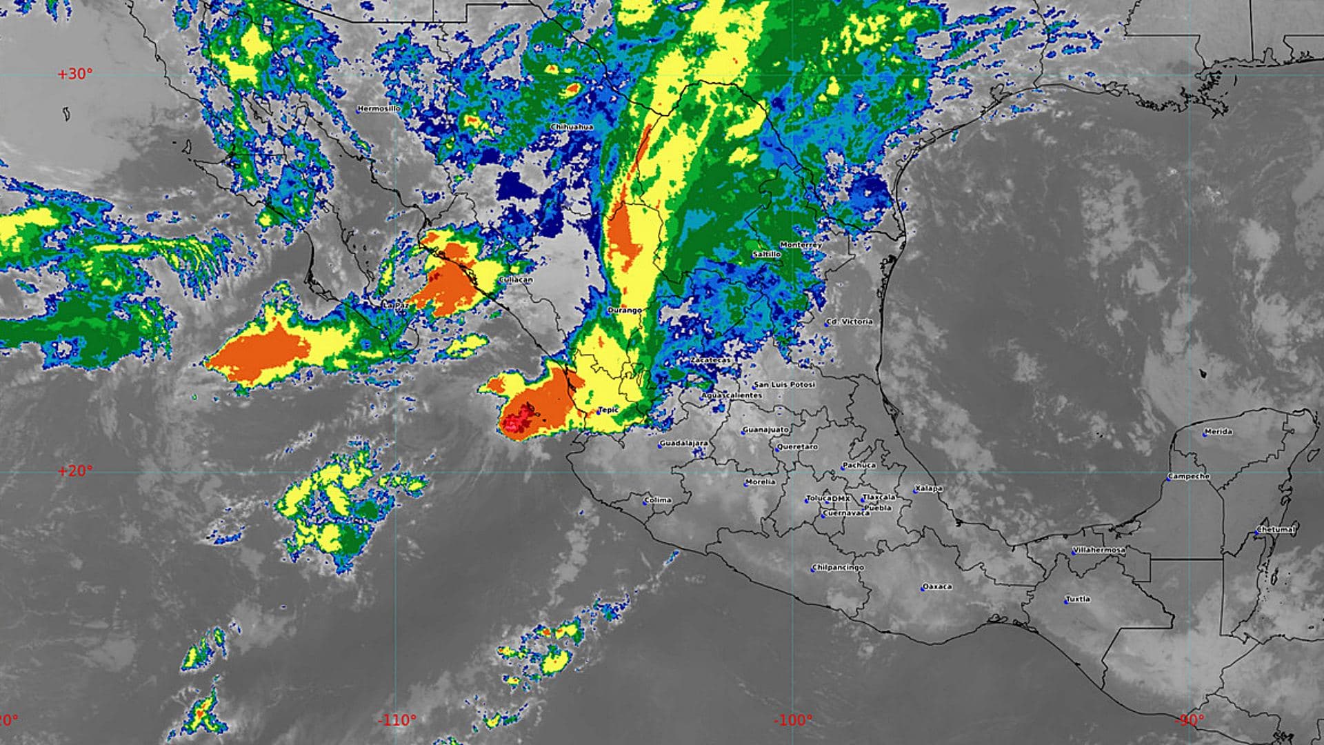 Imagen de satélite que muestra a la tormenta Vance frente a la República Mexicana. SMN