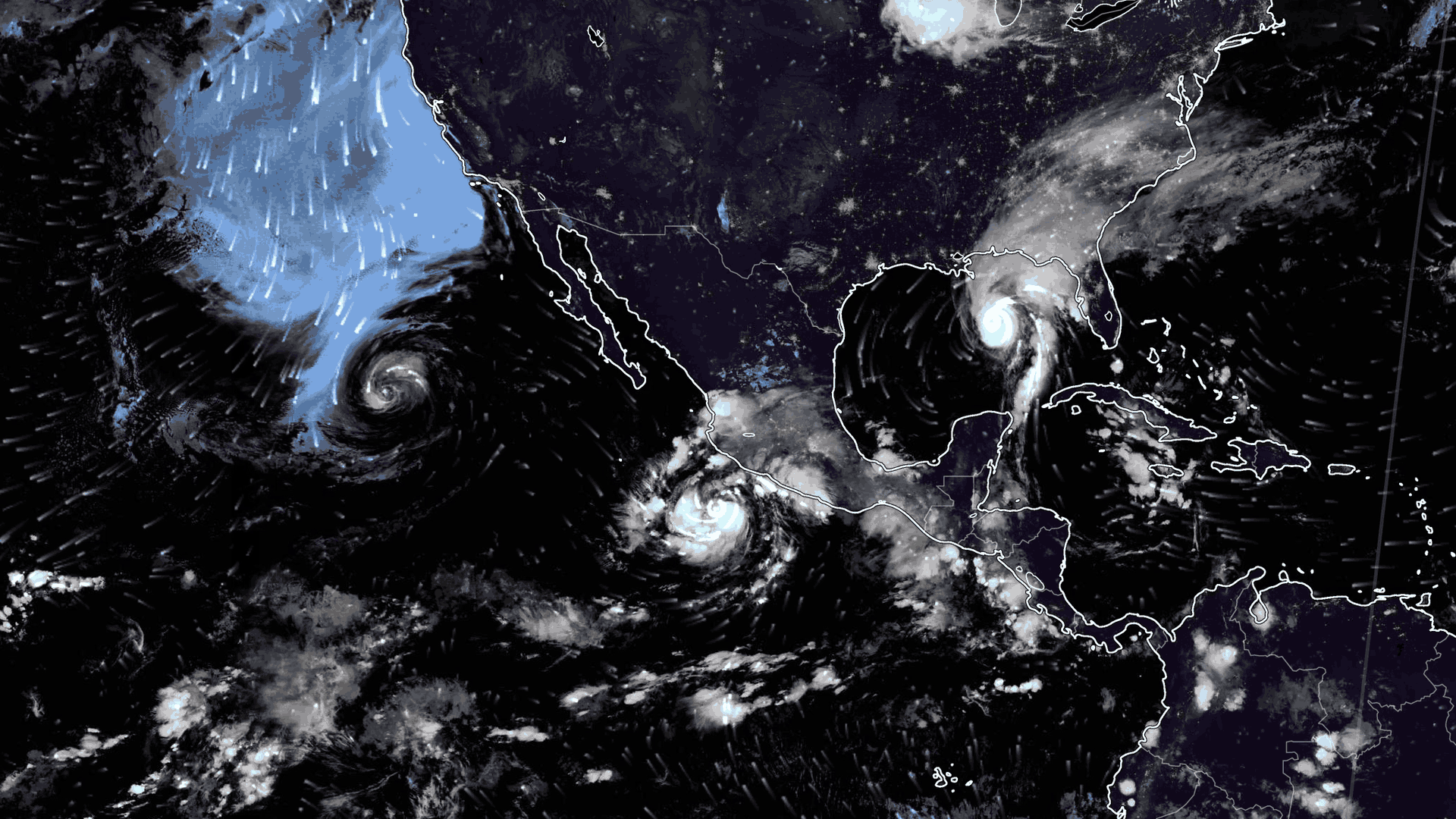 Imagen satelital de los huracanes Isaias y Simon y de la tormenta Rachel el 9 de octubre 2026.