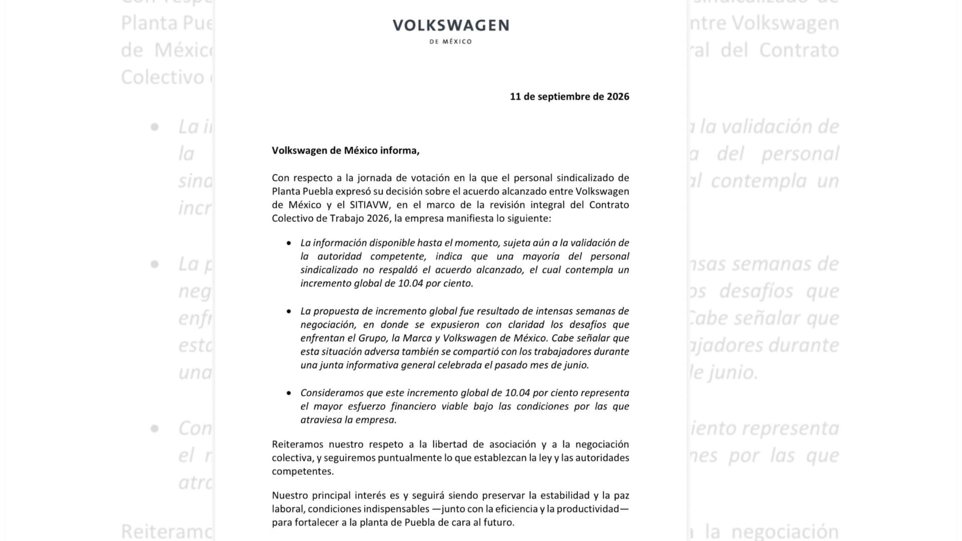 Postura de empresa automotriz tras rechazo de incremento salarial.