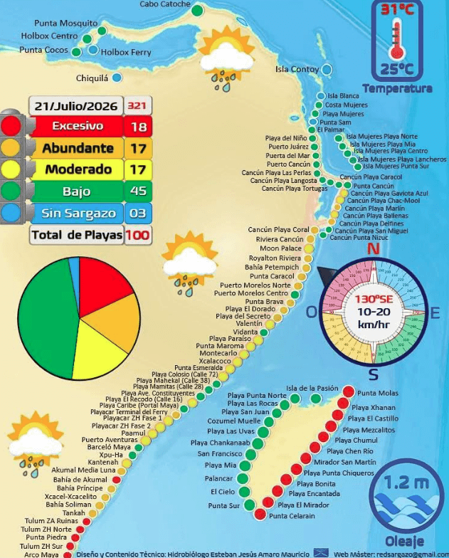 Mapa de sargazo en México hoy. Foto: Gobierno Quintana Roo