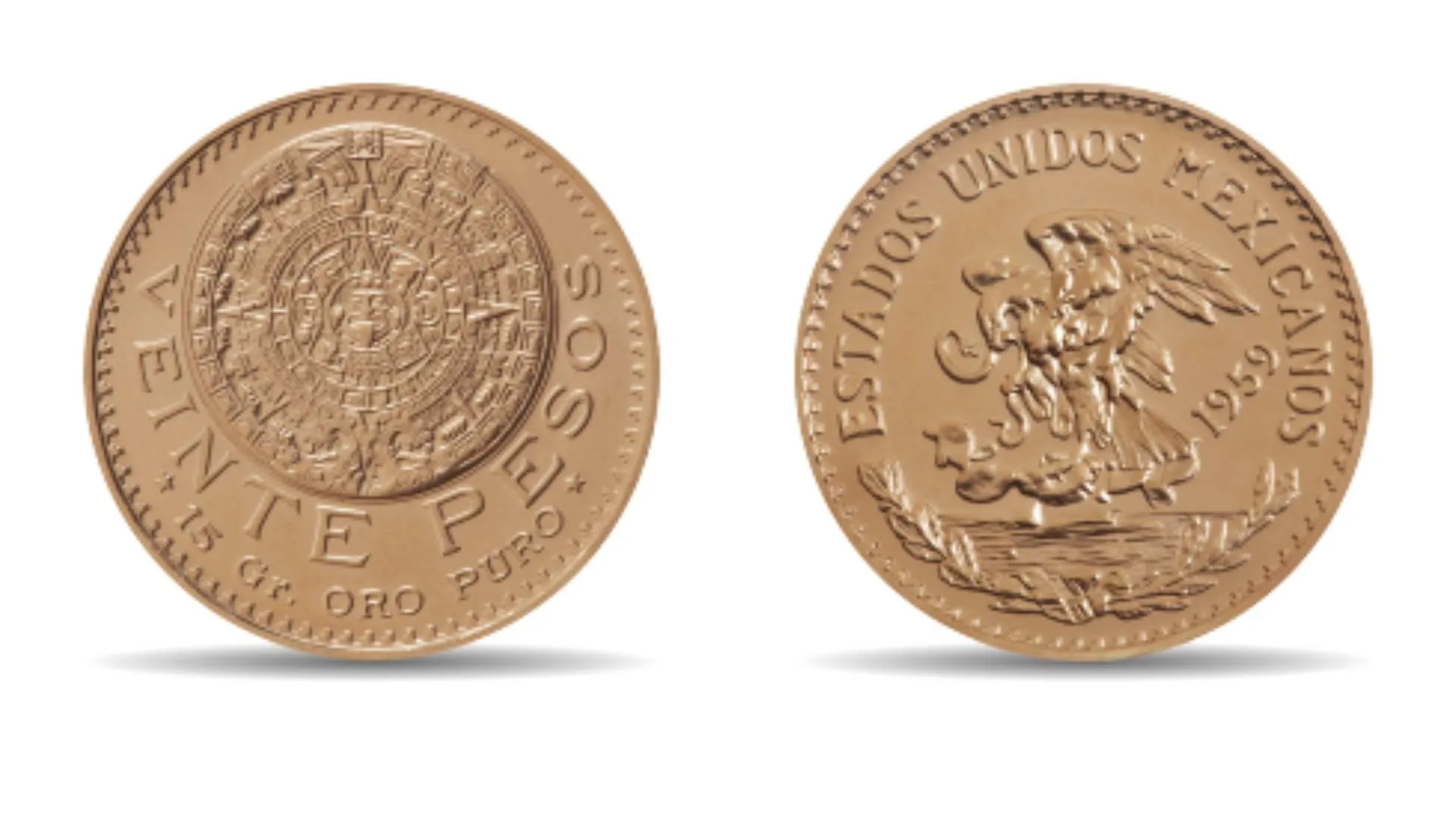 La moneda Azteca de Oro cuenta con el calendario azteca en el reverso y el águila en el anverso