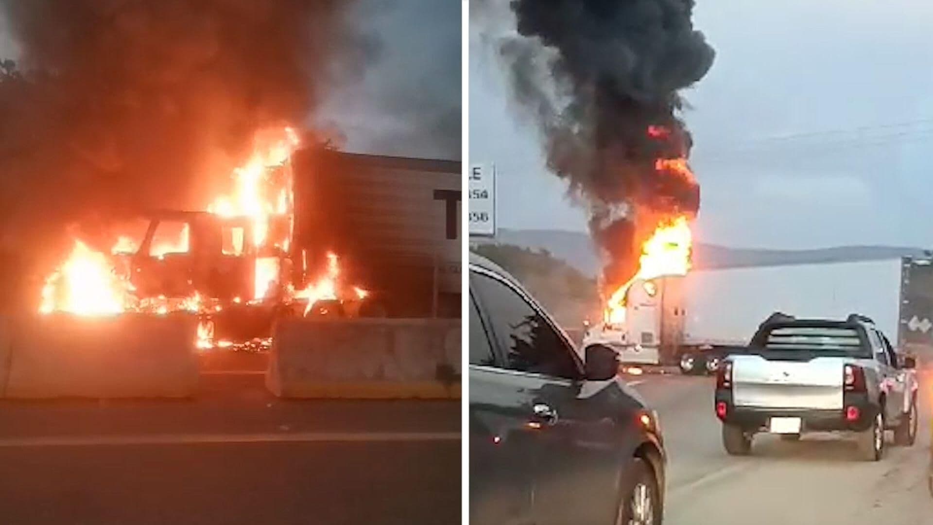 3 Tráileres Fueron Incendiados en la Autopista Armería - Tecomán, en Colima