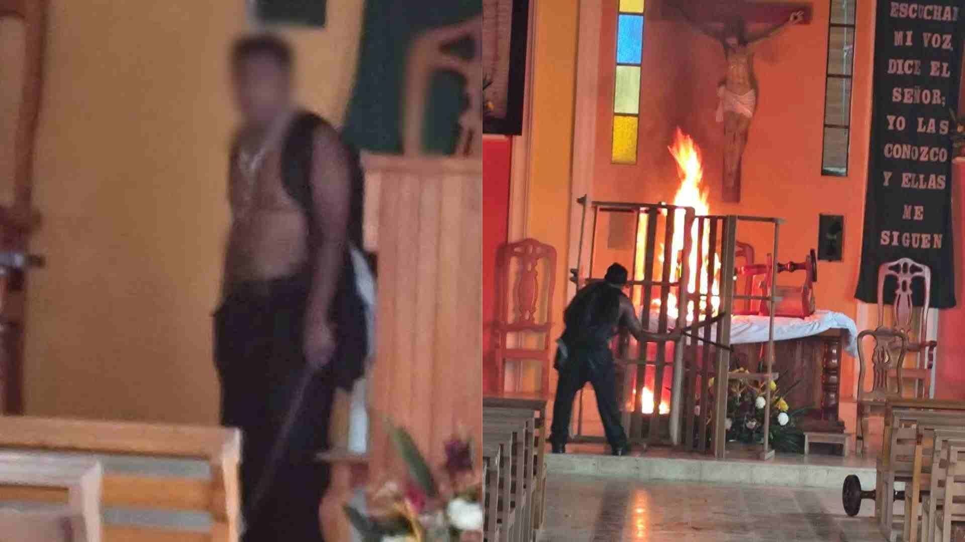 Hombre con Machete Prende Fuego a Cruces y Altar en Iglesia de San Andrés Tuxtla, Veracruz