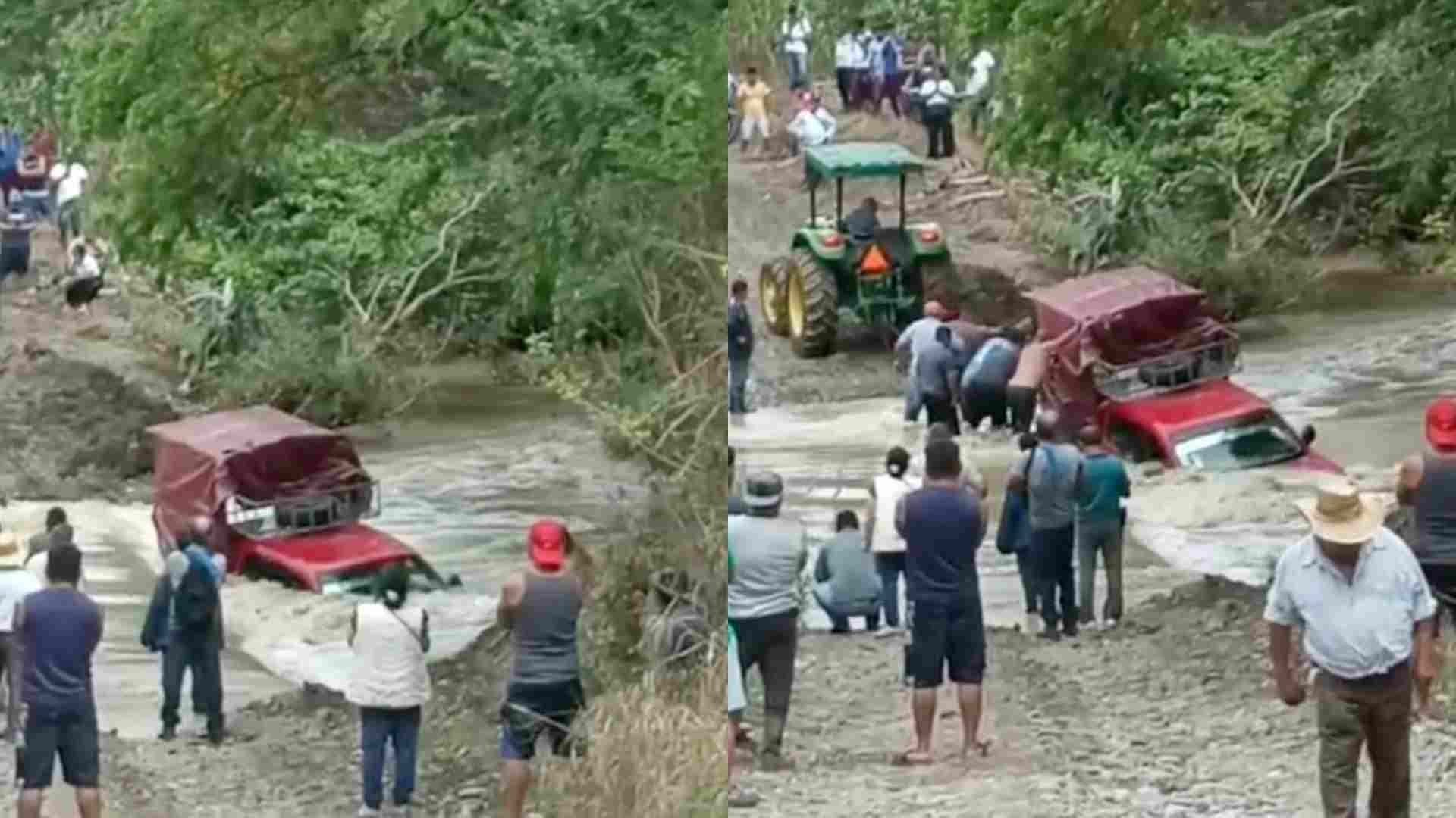 Camioneta con Pasajeros es Arrastrada Varios Metros por la Corriente en Arroyo de Chicontepec