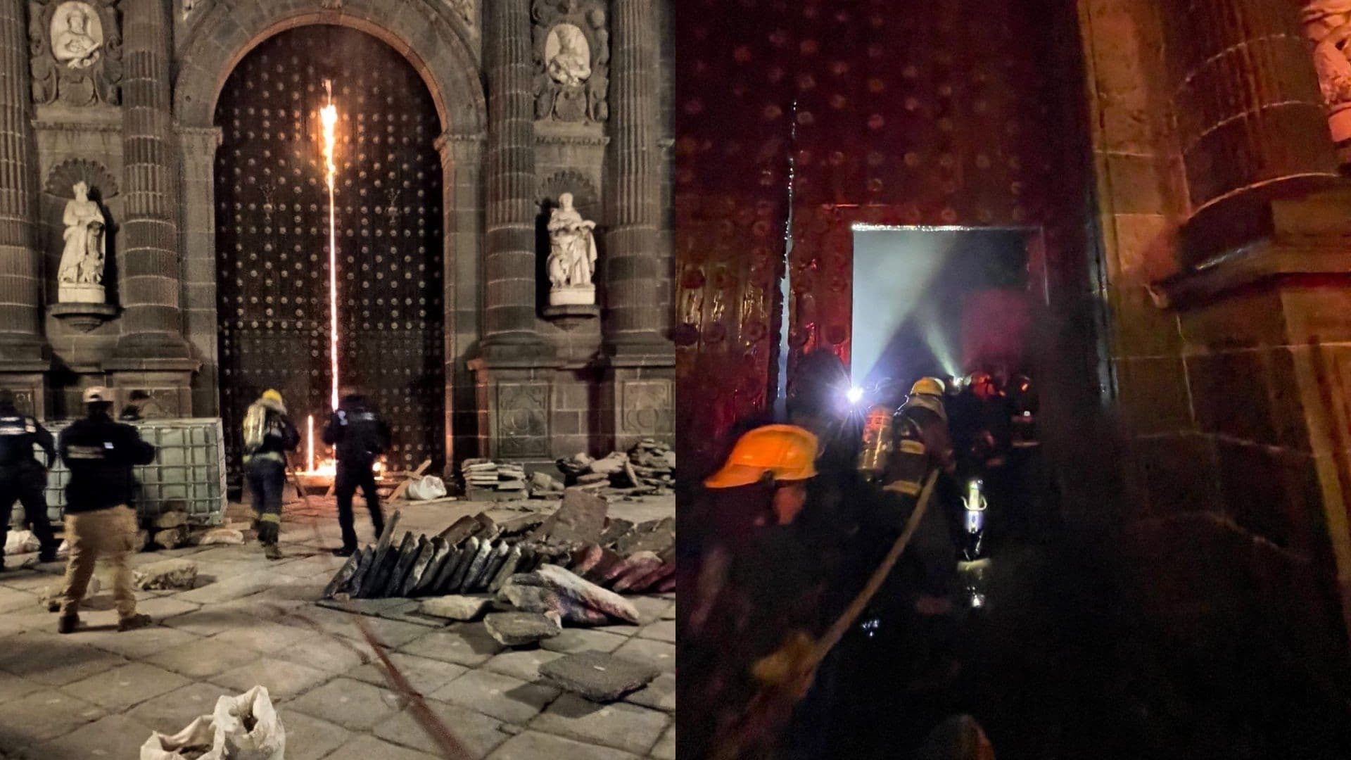 Dos Sujetos Presuntamente Saltan Barda e Incendian Puerta Norte de la Catedral en Puebla
