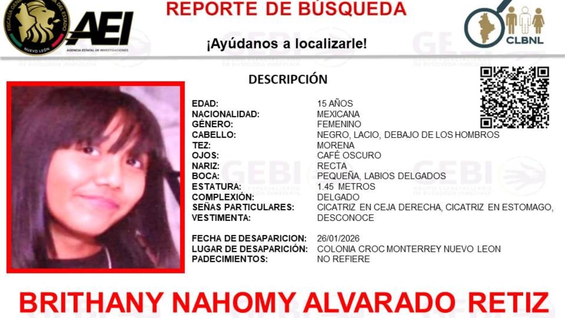 Buscan a Brithany Nahomy de 15 Años en Monterrey; Lleva 10 Días Desaparecida