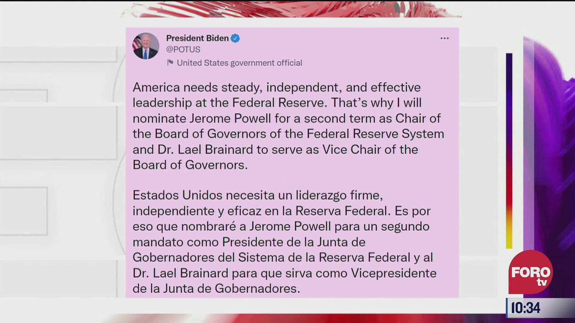 Joe Biden nomina a Jerome Powell para segundo mandato en la Reserva Federal