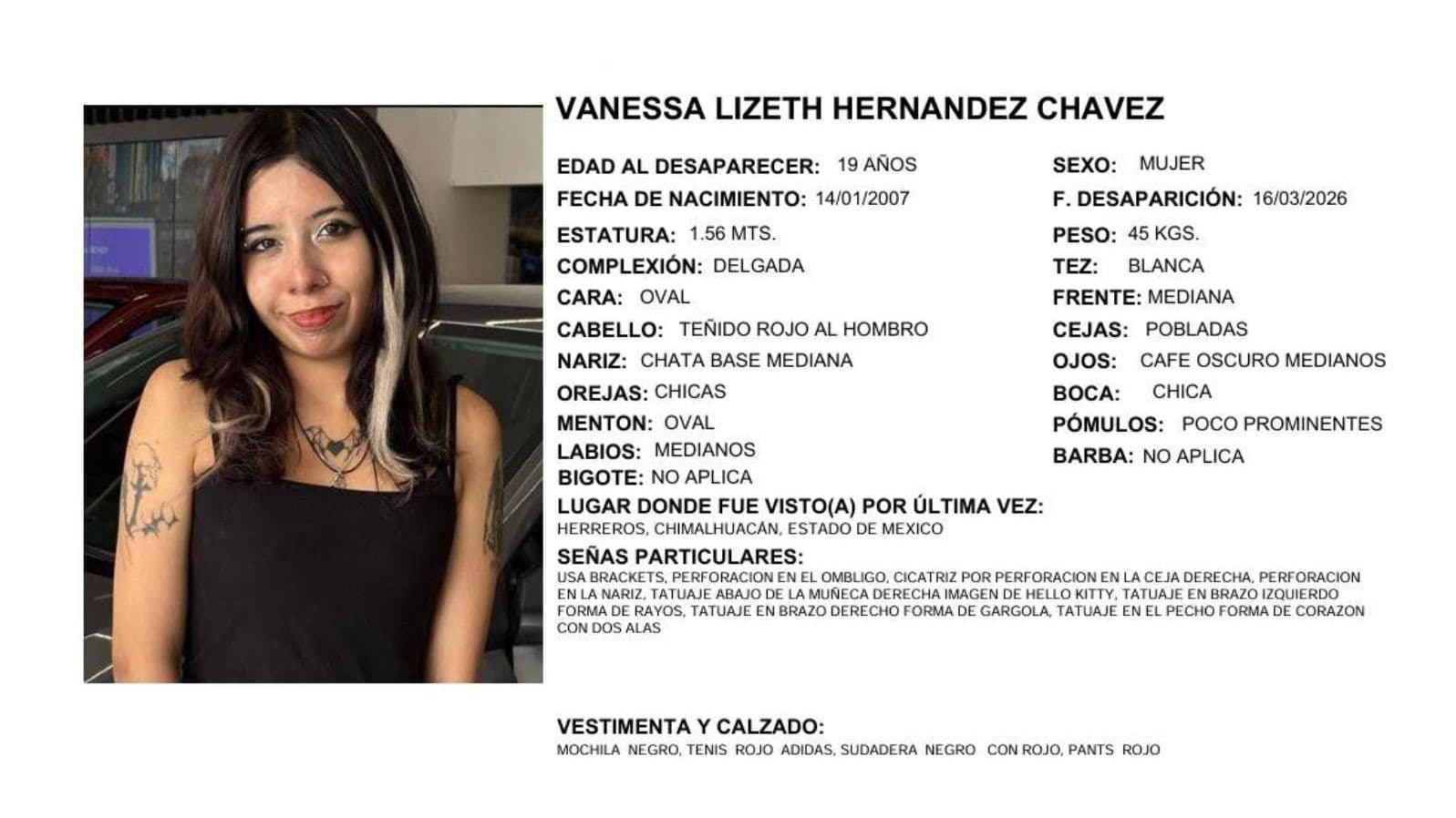 Buscan a Vanessa Lizeth Hernández, Joven de 19 Años Desaparecida en Chimalhuacán, Edomex