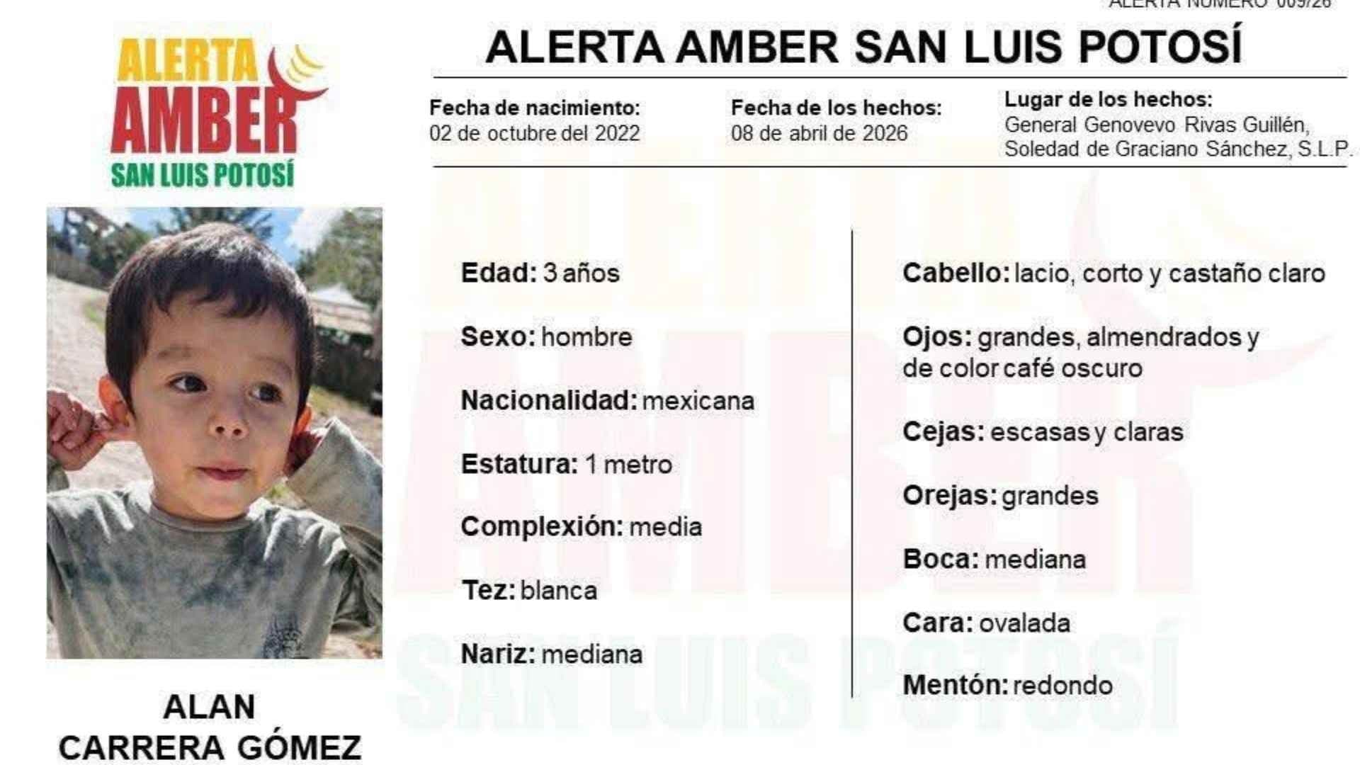 Activan Alerta Amber: Buscan a Niño de 3 Años en Soledad de Graciano Sánchez