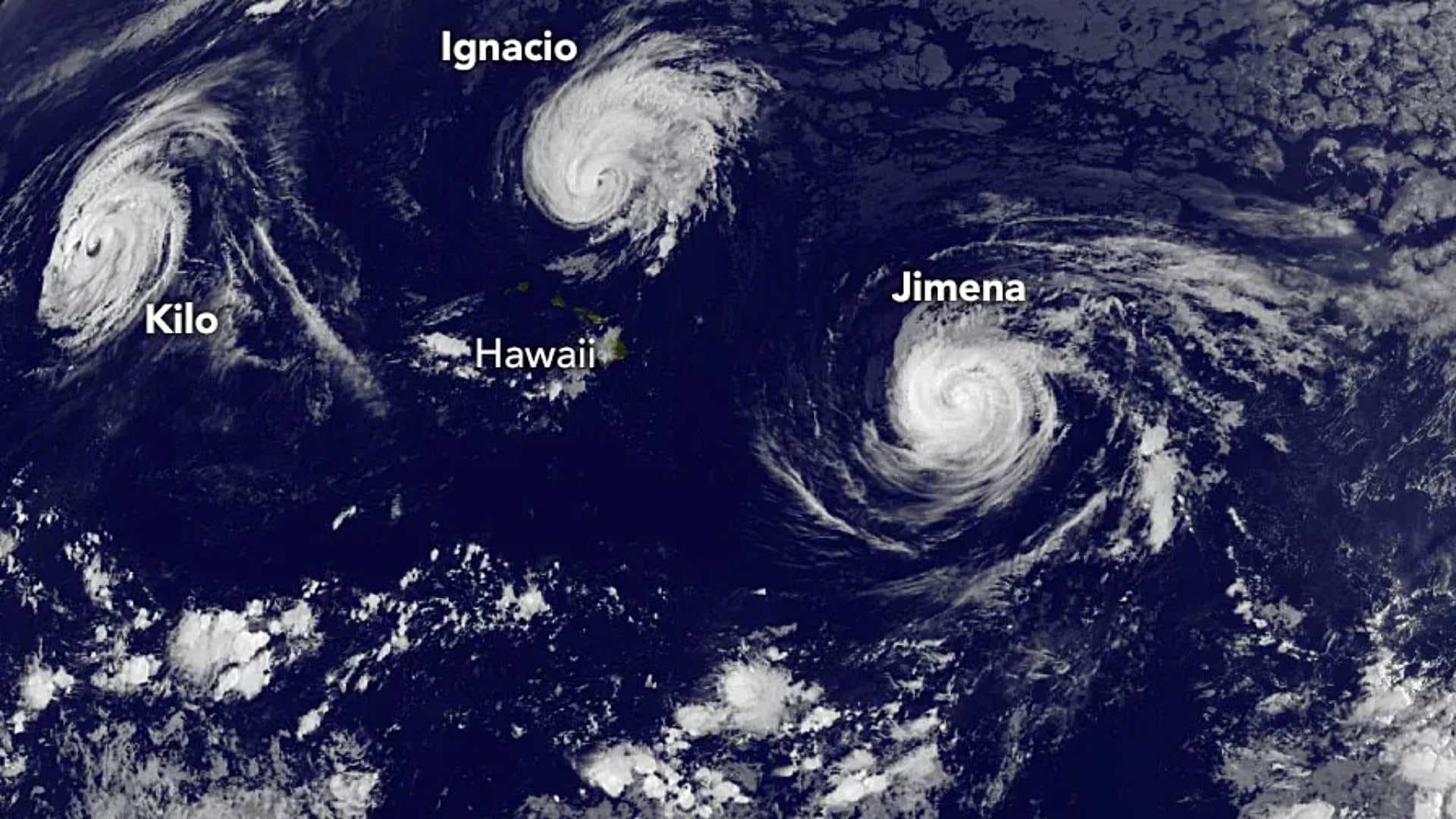 Varios ciclones tropicales en el Pacífico el 1 de septiembre de 2015, durante un fenómeno de El Niño. Foto: Proyecto GOES de la NASA/NOAA.