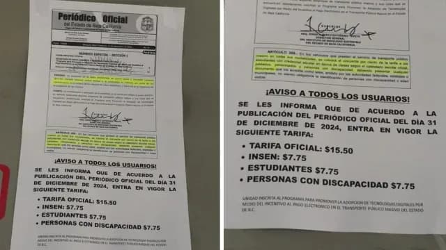 Copia del aviso sobre el aumento a la tarifa del transporte público en Baja California. Foto: N+