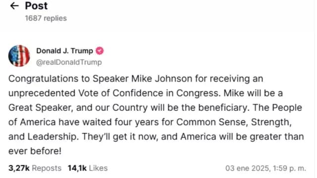 Trump celebra reelección de Mike Johnson como líder de la Cámara de Representantes