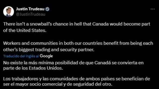 Justin Trudeau responde en su cuenta de X ante insistencia de Donald Trump de que Canadá sea parte de EUA