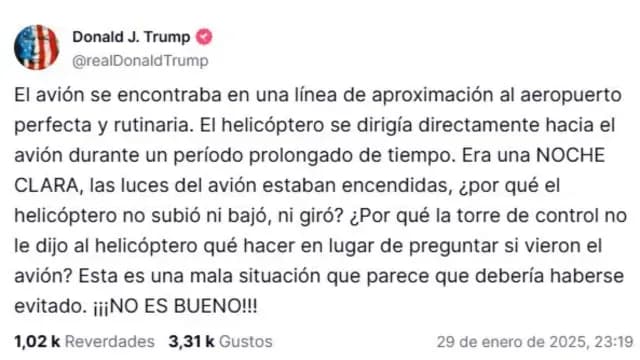Mensaje del Presidente Donald Trump Sobre accidente aéreo.