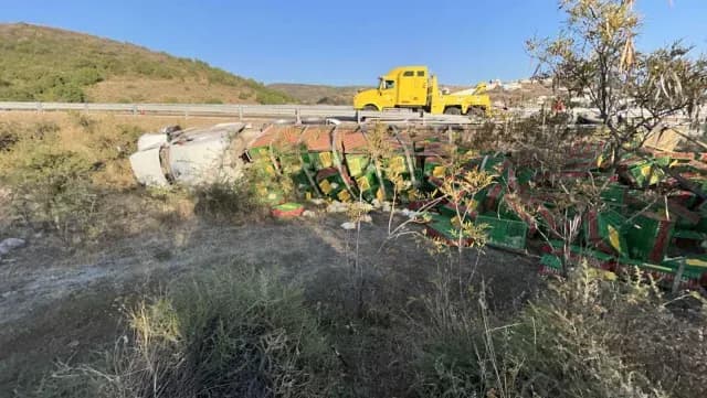 Decenas de pollos murieron por el accidente de tráiler en la autopista Siglo XXI. Foto: X @5rNoticiasAtx