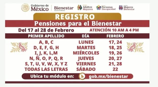 Calendario registro Pensión Bienestar Febrero 2025