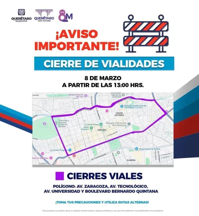 Cierre de Vialidades por Marcha del 8M en Querétaro