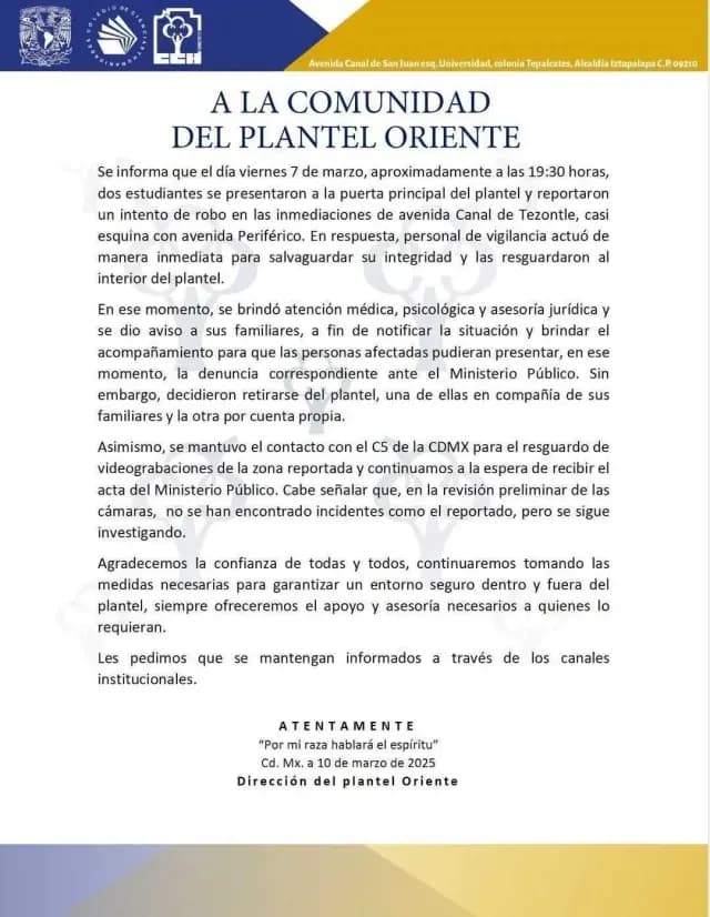Autoridades del CCH Oriente se pronuncian sobre presunto robo