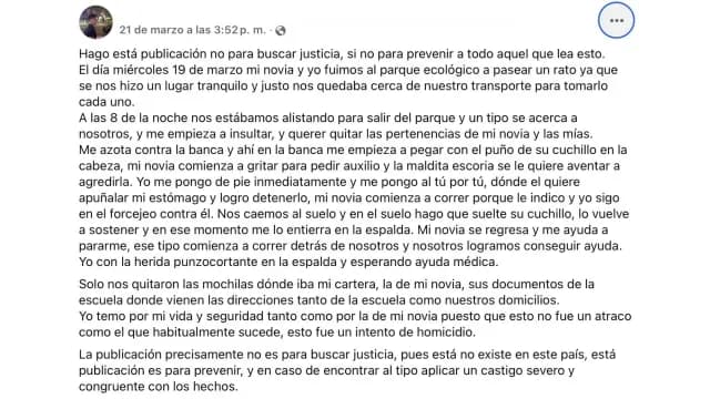 Estudiante describe asalto en el Parque Ecológico de Puebla. Foto: Facebook Alexis Avendaño Villegas