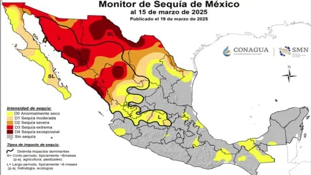 Mapa de la sequía en México hasta la primera quincena de marzo de 2025. Foto: Conagua