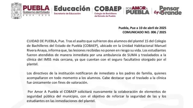 Comunicado respecto a asalto contra alumnos de Cobaep. Foto: SEP Puebla