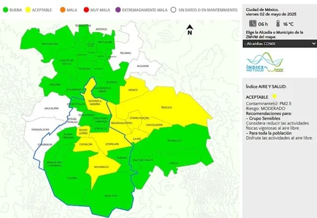 Calidad del aire CDMX a las 06:00 horas del 2 de mayo. Foto: Dirección de Monitoreo Atmosférico