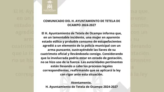 Comunicado sobre el caso de mujer que robó una cuatrimoto. Foto: H. Ayuntamiento de Tetela de Ocampo