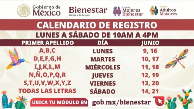 Calendario de registro Pensión Bienestar Junio 2025