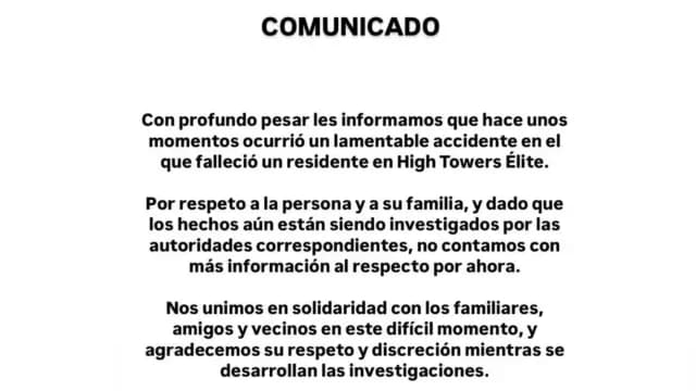Comunicado sobre caso de un residente sin vida. Foto: High Towers Élite