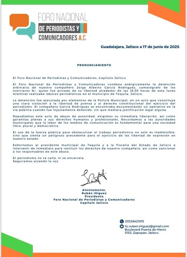 Emiten desplegado condenando la detención arbitraria. Foto: El Foro Nacional de Periodistas y Comunicadores