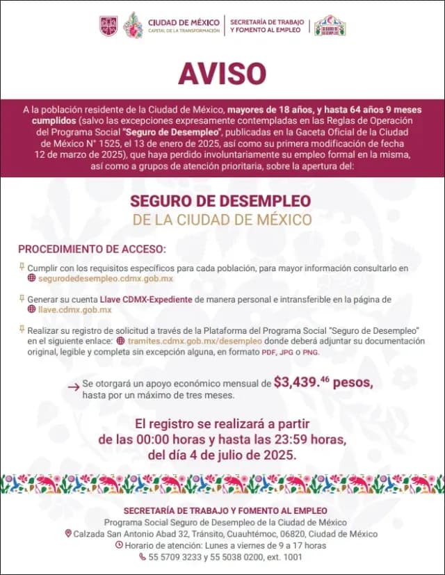 Convocatoria del programa social Seguro de Desempleo 2025 de la CDMX. Crédito: Especial