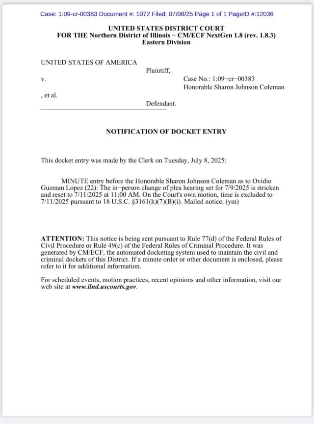 Documento donde se informa cambio de fecha de audiencia de Ovidio Guzmán, El Ratón.