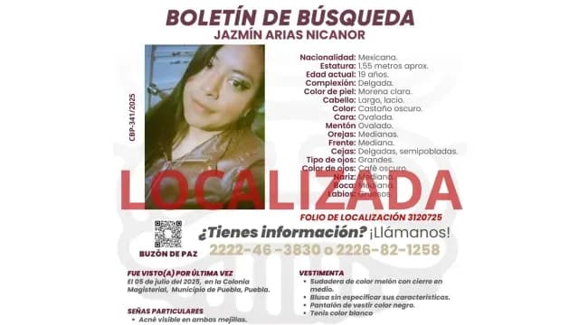Localizan a Jazmin Arias Nicanor en Puebla