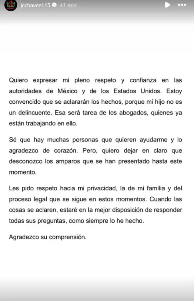 Mensaje de Julio César Chávez en su cuenta de Instagram