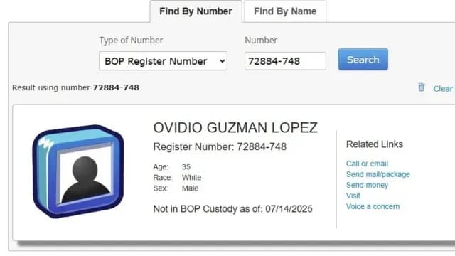 Registro Federal de Ovidio Guzmán en EUA.