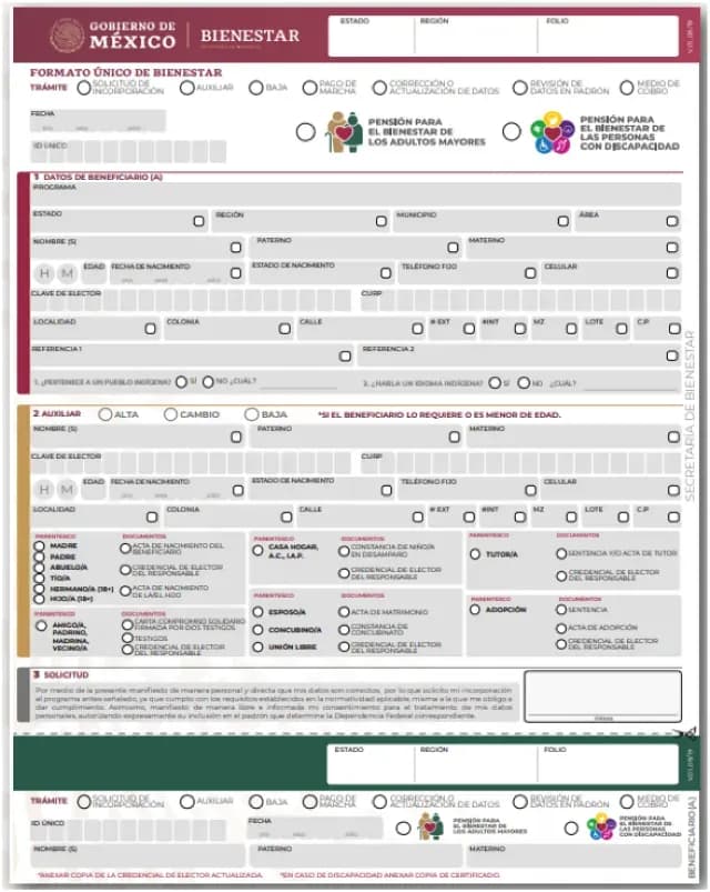 Este es un ejemplo del Formato Único de Bienestar, para el registro de Pensión Mujeres de 60 a 64 años.
