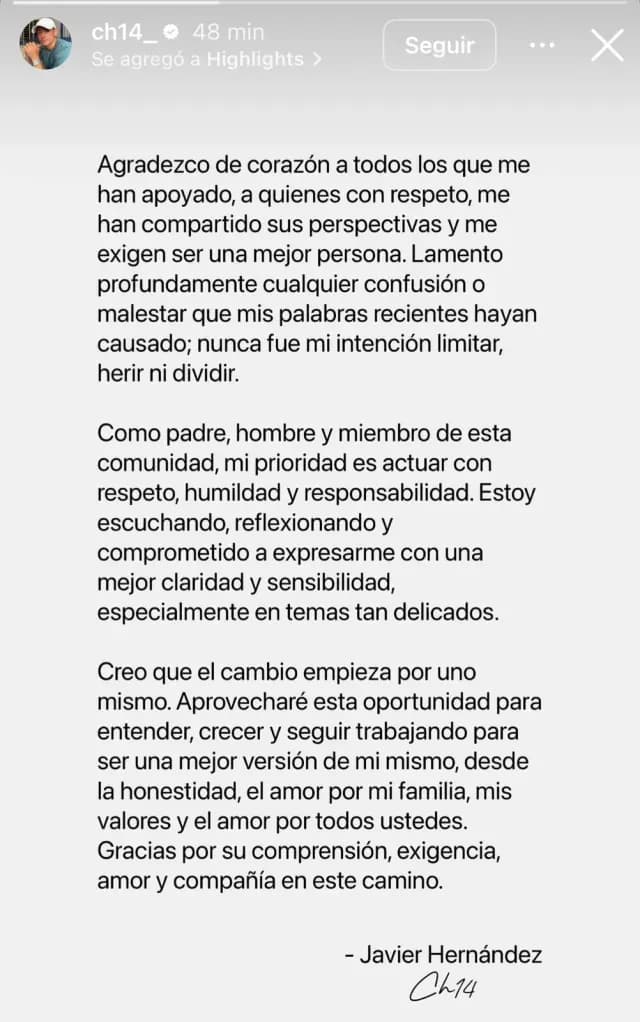 Comunicado de Javier 'Chicharito' Hernández. Foto: Instagram @ch14_