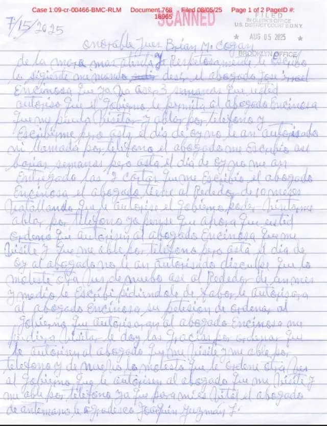 Carta de 'El Chapo' Guzmán enviada al juez Cogan. Crédito: N+