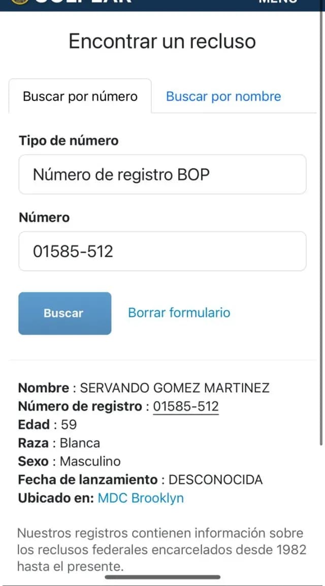 Número de registro BOP de 'La Tuta'. Crédito: Especial
