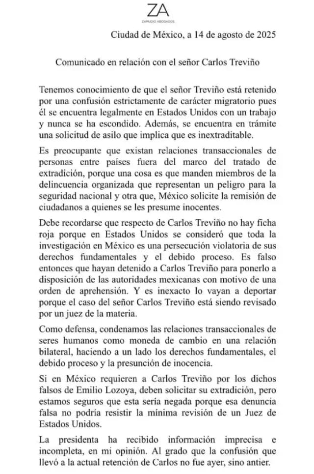 Comunicado de del abogado del exdirector de Pemex, Carlos Treviño. Foto: Redes sociales