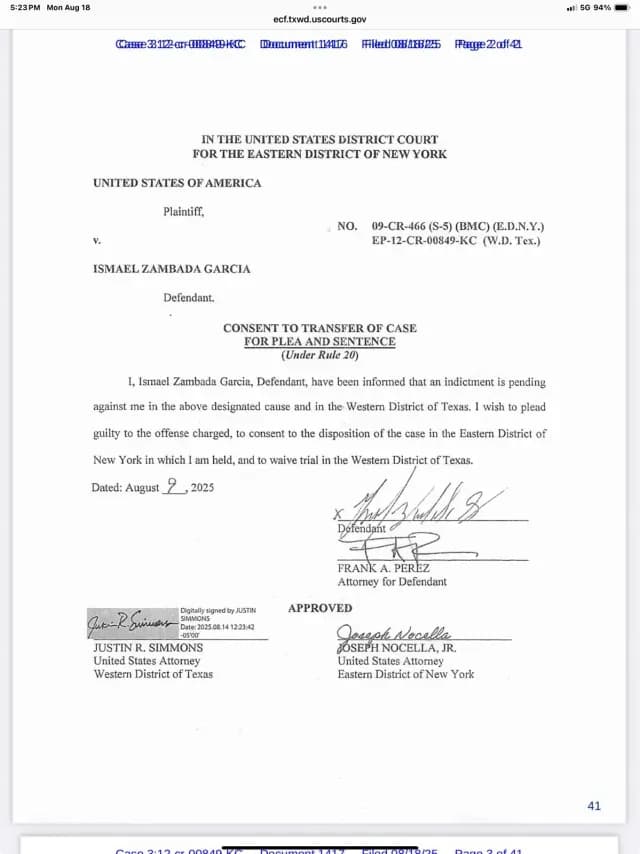 Zambada reitera ante una Corte en Texas que va a declararse culpable. Crédito: N+